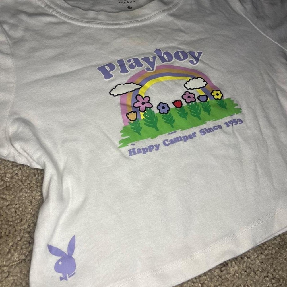 Rare Y2K Style White Playboy crop top with rainbow graphic, size S - Picture 2 of 3
